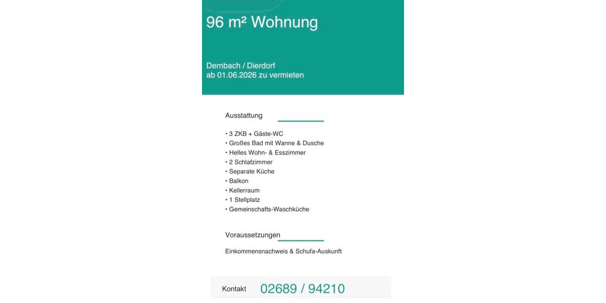 Etagenwohnung Dürrholz - 3 Zimmer, 96 m&sup2;, 800&euro; | Angebot:25943119