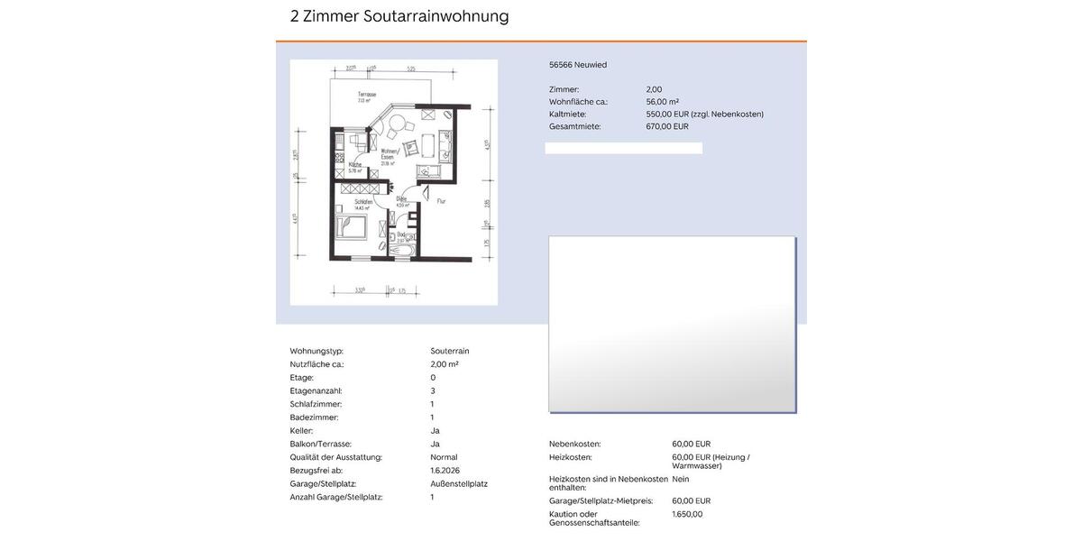 Etagenwohnung Neuwied Block - 2 Zimmer, 56 m&sup2;, 550&euro; | Angebot:26613415
