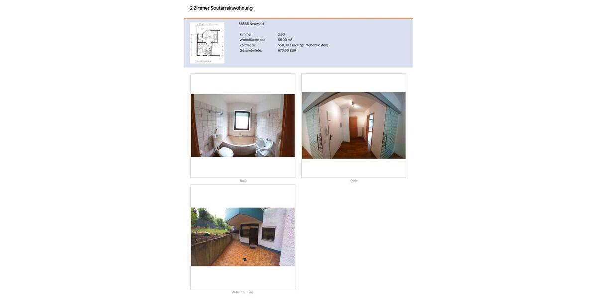 Etagenwohnung Neuwied Block - 2 Zimmer, 56 m&sup2;, 550&euro; | Angebot:26613415