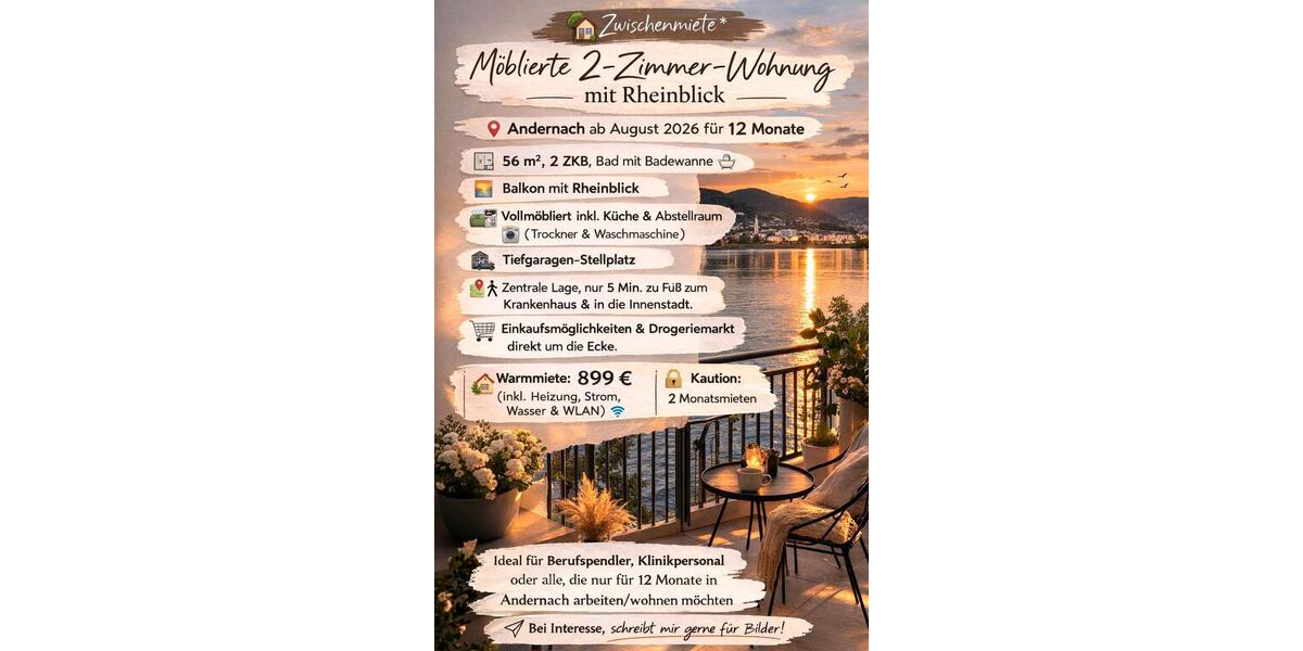 Etagenwohnung Andernach - 2 Zimmer, 56 m&sup2;, 899&euro; | Angebot:26007610