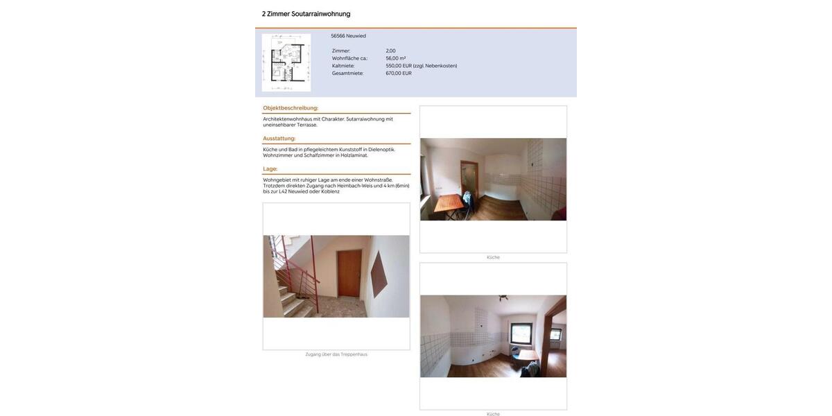 Etagenwohnung Neuwied Block - 2 Zimmer, 56 m&sup2;, 550&euro; | Angebot:26613415