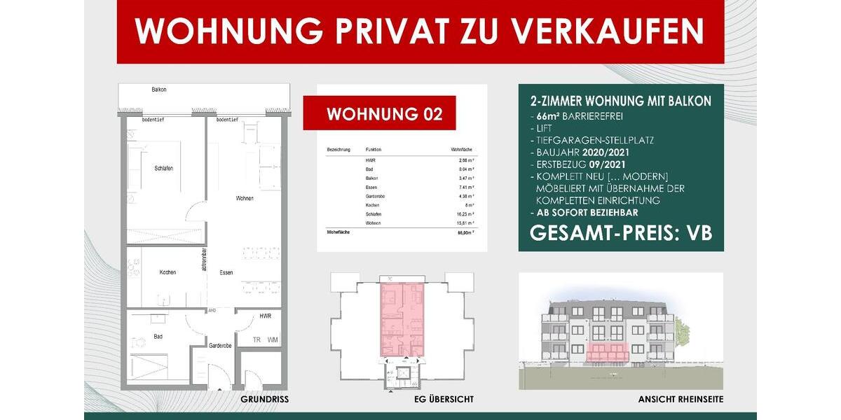 Hochparterre Remagen - 2 Zimmer, 66 m&sup2;, 315.000&euro; | Angebot:24480634