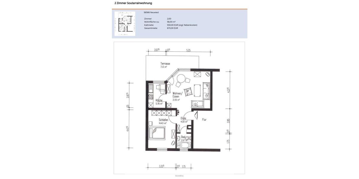Etagenwohnung Neuwied Block - 2 Zimmer, 56 m&sup2;, 550&euro; | Angebot:26613415
