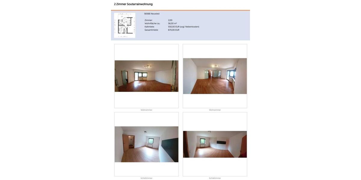 Etagenwohnung Neuwied Block - 2 Zimmer, 56 m&sup2;, 550&euro; | Angebot:26613415